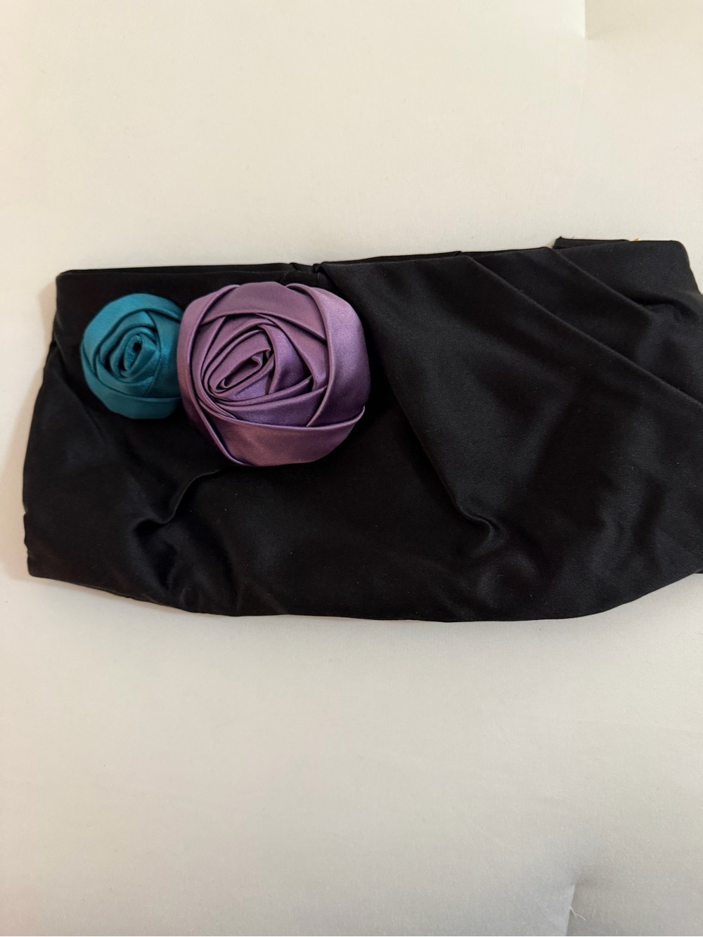 Prada Black Satin Clutch with Purple and Teal Rosettes